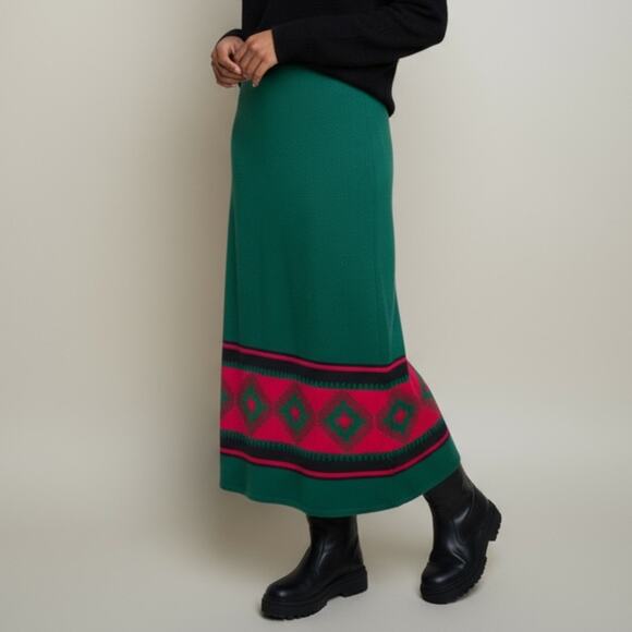 Vintage Dalton Knit Maxi Skirt Southwestern Aztec Print Green & Magenta Sz Med - Picture 1 of 8